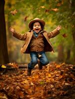 Mexican kid in emotional dynamic pose on autumn background AI Generative photo