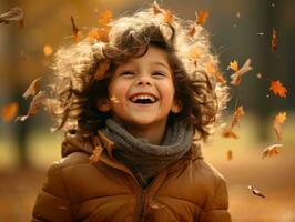 Mexican kid in emotional dynamic pose on autumn background AI Generative photo