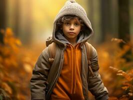 Mexican kid in emotional dynamic pose on autumn background AI Generative photo