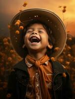 Mexican kid in emotional dynamic pose on autumn background AI Generative photo