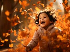 Mexican kid in emotional dynamic pose on autumn background AI Generative photo