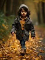 Mexican kid in emotional dynamic pose on autumn background AI Generative photo