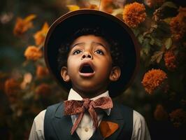 Mexican kid in emotional dynamic pose on autumn background AI Generative photo