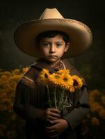 mexicano niño en emocional dinámica actitud en otoño antecedentes ai generativo foto