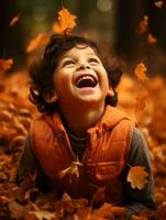 Mexican kid in emotional dynamic pose on autumn background AI Generative photo