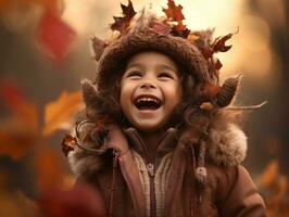 Mexican kid in emotional dynamic pose on autumn background AI Generative photo