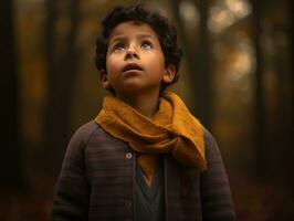 Mexican kid in emotional dynamic pose on autumn background AI Generative photo