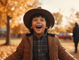 Mexican kid in emotional dynamic pose on autumn background AI Generative photo