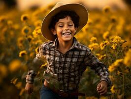 Mexican kid in emotional dynamic pose on autumn background AI Generative photo