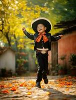 Mexican kid in emotional dynamic pose on autumn background AI Generative photo