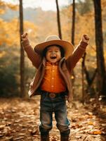 Mexican kid in emotional dynamic pose on autumn background AI Generative photo