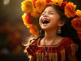 Mexican kid in emotional dynamic pose on autumn background AI Generative photo