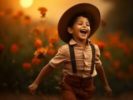 Mexican kid in emotional dynamic pose on autumn background AI Generative photo