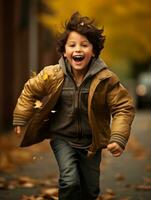 Mexican kid in emotional dynamic pose on autumn background AI Generative photo