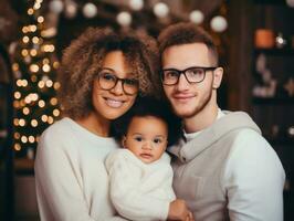 The Interracial family enjoys celebrating Christmas Eve together AI Generative photo