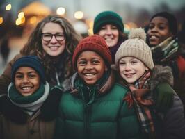 el interracial familia disfruta celebrando Navidad víspera juntos ai generativo foto