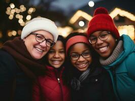 el interracial familia disfruta celebrando Navidad víspera juntos ai generativo foto