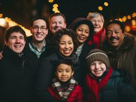 el interracial familia disfruta celebrando Navidad víspera juntos ai generativo foto