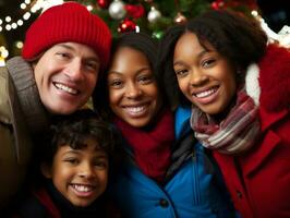 The Interracial family enjoys celebrating Christmas Eve together AI Generative photo