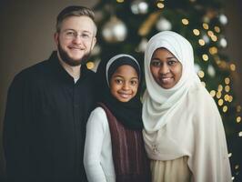 The Interracial family enjoys celebrating Christmas Eve together AI Generative photo