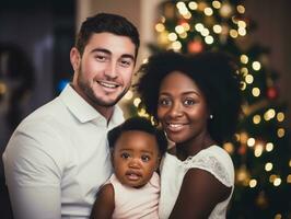 The Interracial family enjoys celebrating Christmas Eve together AI Generative photo