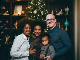 el interracial familia disfruta celebrando Navidad víspera juntos ai generativo foto