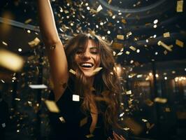 mujer asistiendo un nuevo año víspera fiesta en un elegante vestido ai generativo foto