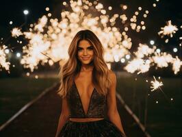 mujer asistiendo un nuevo año víspera fiesta en un elegante vestido ai generativo foto