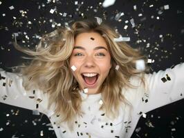 mujer asistiendo un nuevo año víspera fiesta en un elegante vestido ai generativo foto