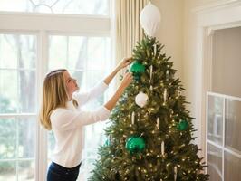 Woman decorating a Christmas tree with ornaments and lights AI Generative photo