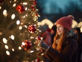 Woman decorating a Christmas tree with ornaments and lights AI Generative photo