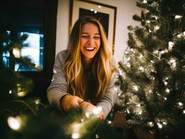 Woman decorating a Christmas tree with ornaments and lights AI Generative photo