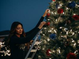 Woman decorating a Christmas tree with ornaments and lights AI Generative photo