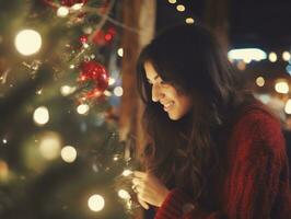 mujer decorando un Navidad árbol con adornos y luces ai generativo foto