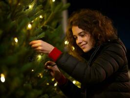 Woman decorating a Christmas tree with ornaments and lights AI Generative photo