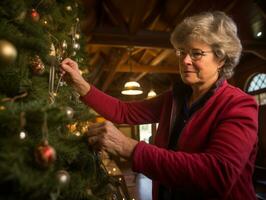 Woman decorating a Christmas tree with ornaments and lights AI Generative photo