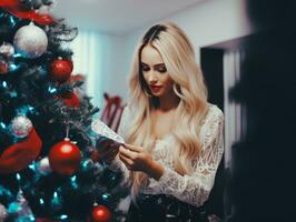 mujer decorando un Navidad árbol con adornos y luces ai generativo foto