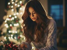mujer decorando un Navidad árbol con adornos y luces ai generativo foto