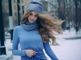 Woman enjoys in the winter day in emotional playful pose AI Generative photo