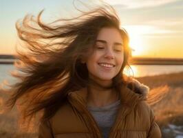 Woman enjoys in the winter day in emotional playful pose AI Generative photo
