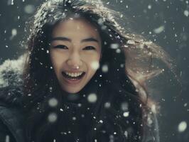 mujer disfruta en el invierno día en emocional juguetón actitud ai generativo foto