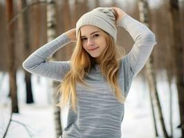 Woman enjoys in the winter day in emotional playful pose AI Generative photo