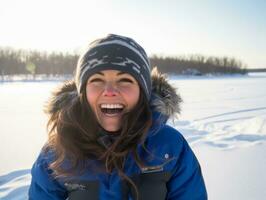 mujer disfruta en el invierno día en emocional juguetón actitud ai generativo foto