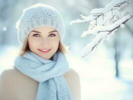 Woman enjoys in the winter day in emotional playful pose AI Generative photo