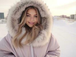 Woman enjoys in the winter day in emotional playful pose AI Generative photo