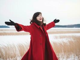 mujer disfruta en el invierno día en emocional juguetón actitud ai generativo foto