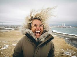 Woman enjoys in the winter day in emotional playful pose AI Generative photo