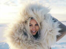 Woman enjoys in the winter day in emotional playful pose AI Generative photo