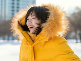 Woman enjoys in the winter day in emotional playful pose AI Generative photo