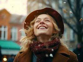 mujer disfruta en el invierno día en emocional juguetón actitud ai generativo foto